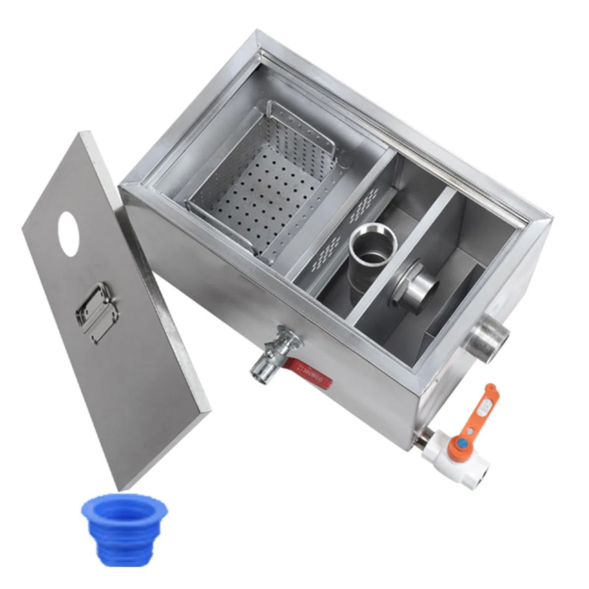 Piège à Graisse Commercial en Acier Inoxydable, séparateur de Graisse sous évierur Huile-Eau, Gestion des eaux usées, 40,6 x 30,5 x 22,9 cm, Solution Efficace pour l'élimination des Graisses