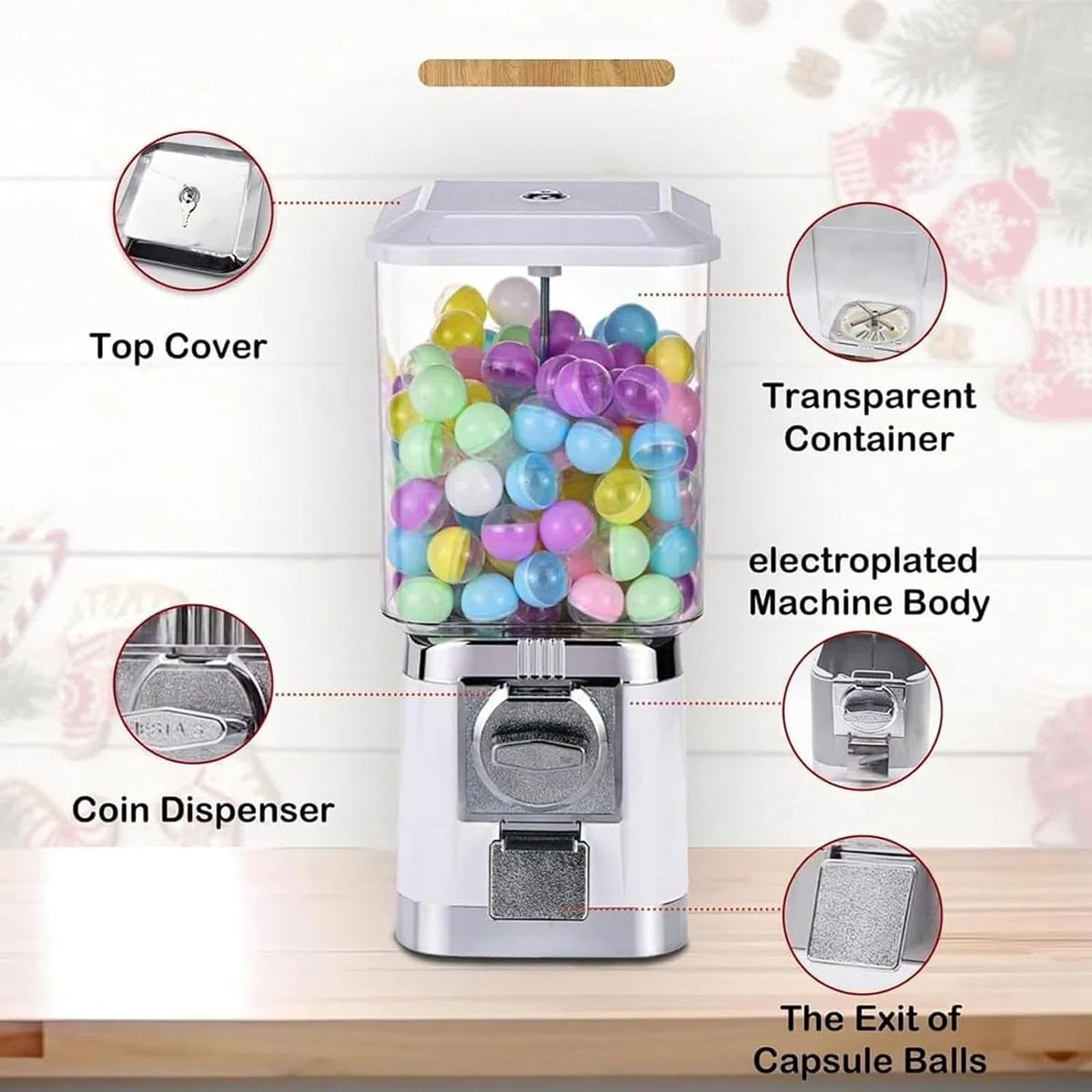 Distributeur automatique de bonbons 32 mm – Distributeur automatique de chewing-gum à monnaie avec clés, 200 boules et 100 jetons pour capsules jouets et balles rebondissantes (I)