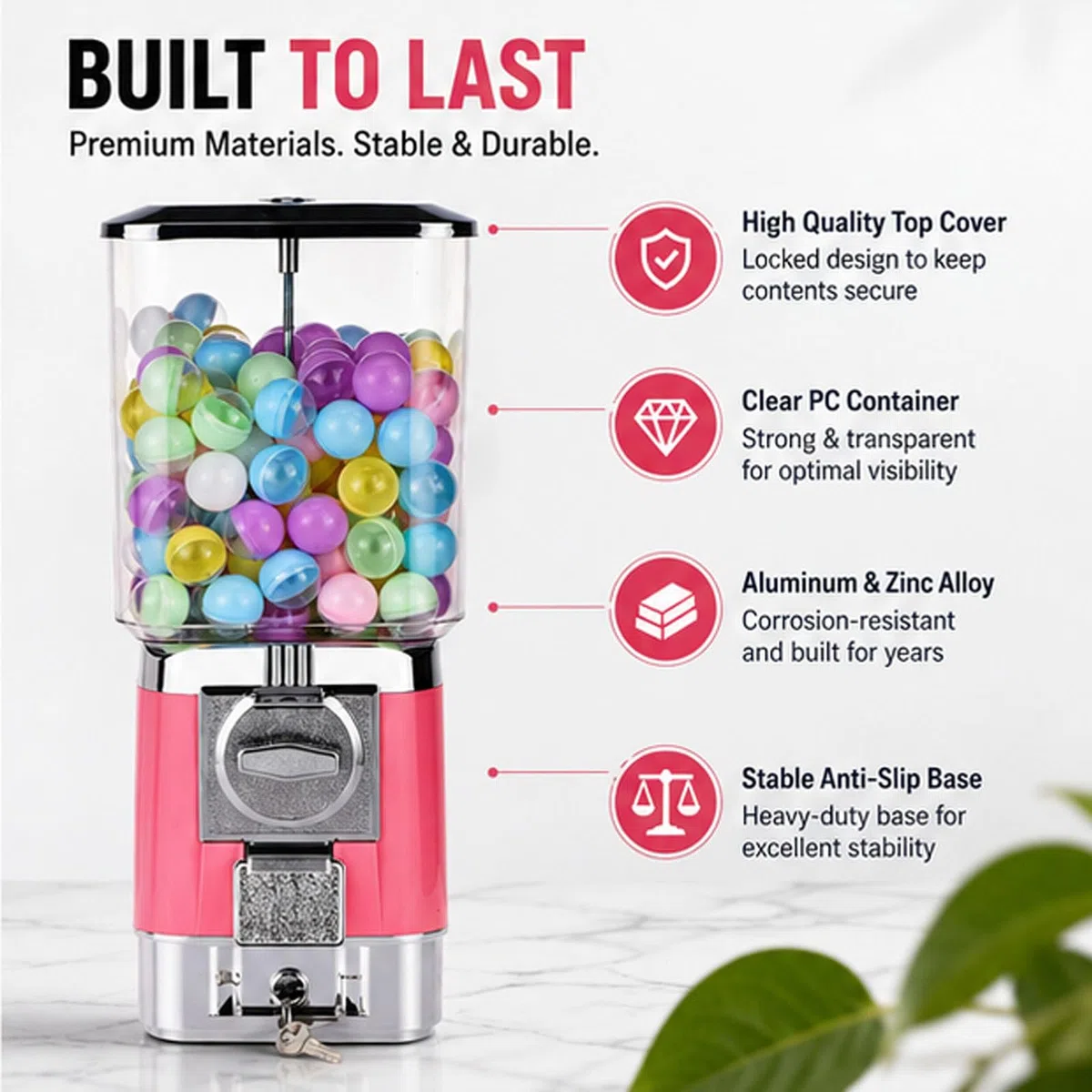Distributeur automatique de bonbons 32 mm – Distributeur automatique de chewing-gum à monnaie avec clés, 200 boules et 100 jetons pour capsules jouets et balles rebondissantes (I)