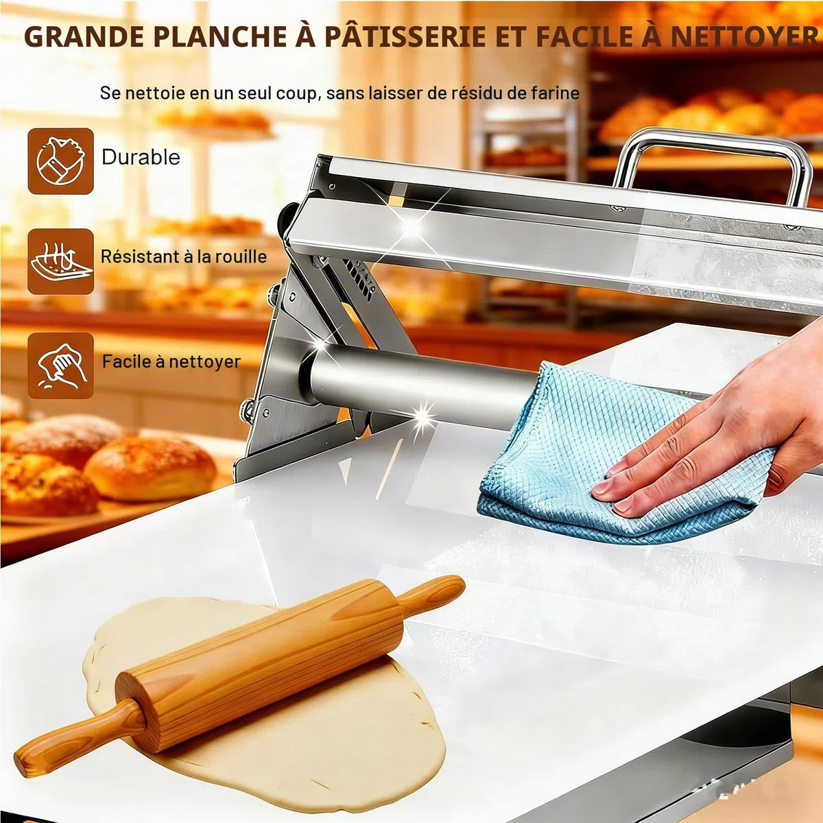 Laminoir Pâte Feuilletée, Laminoir Pâtisserie Manuel avec Épaisseur Réglable 0-25mm, Laminoir pour Pâtisserie, Idéal pour Boulangerie et Pâtisserie Artisanale (103x58x25)
