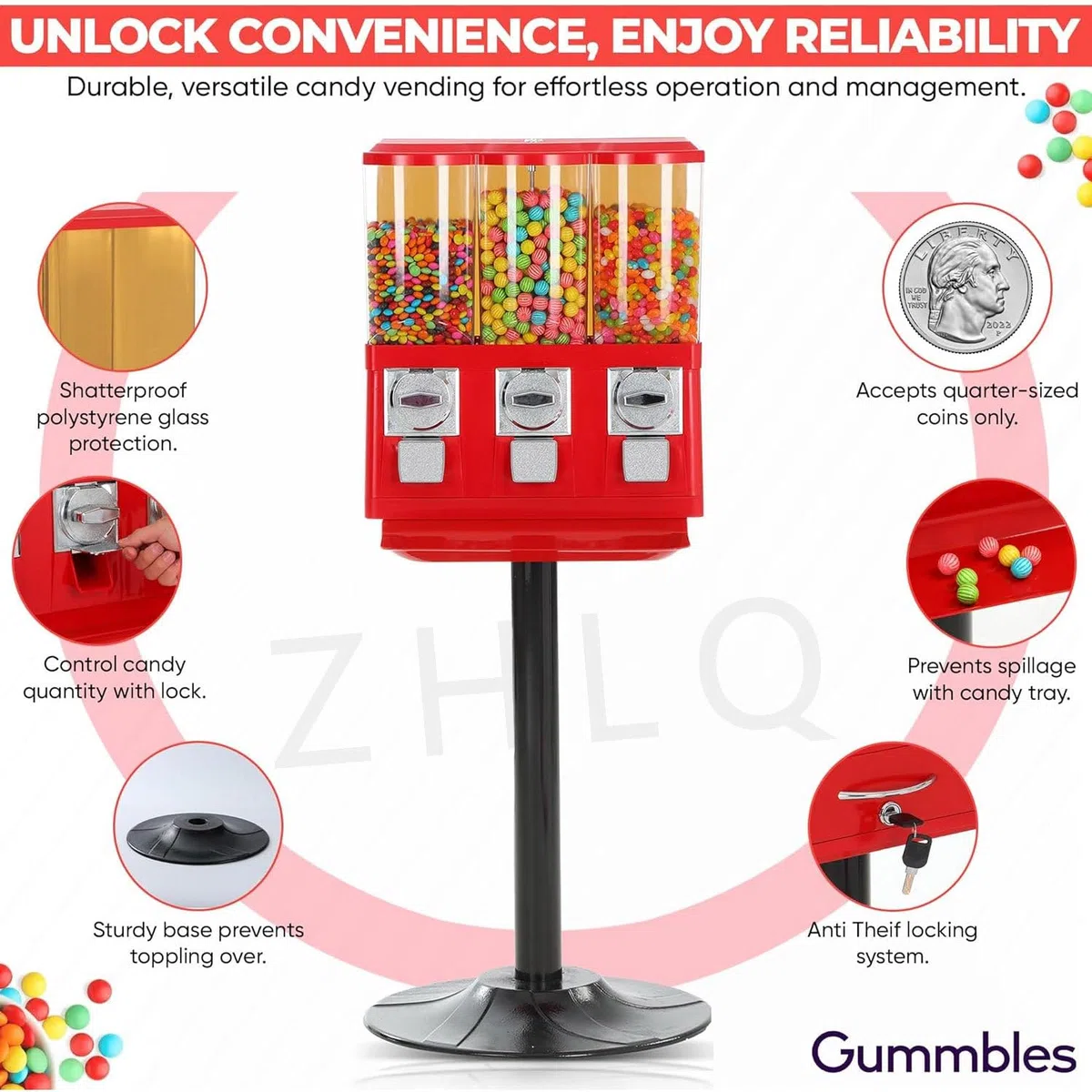 Distributeur automatique de bonbons – Triple distributeur de bonbons Gumball à monnaie pour entreprise et maison – Utilise les quartiers