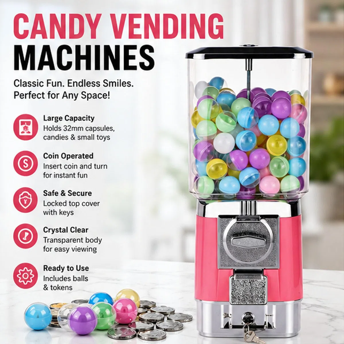 Distributeur automatique de bonbons 32 mm – Distributeur automatique de chewing-gum à monnaie avec clés, 200 boules et 100 jetons pour capsules jouets et balles rebondissantes (I)