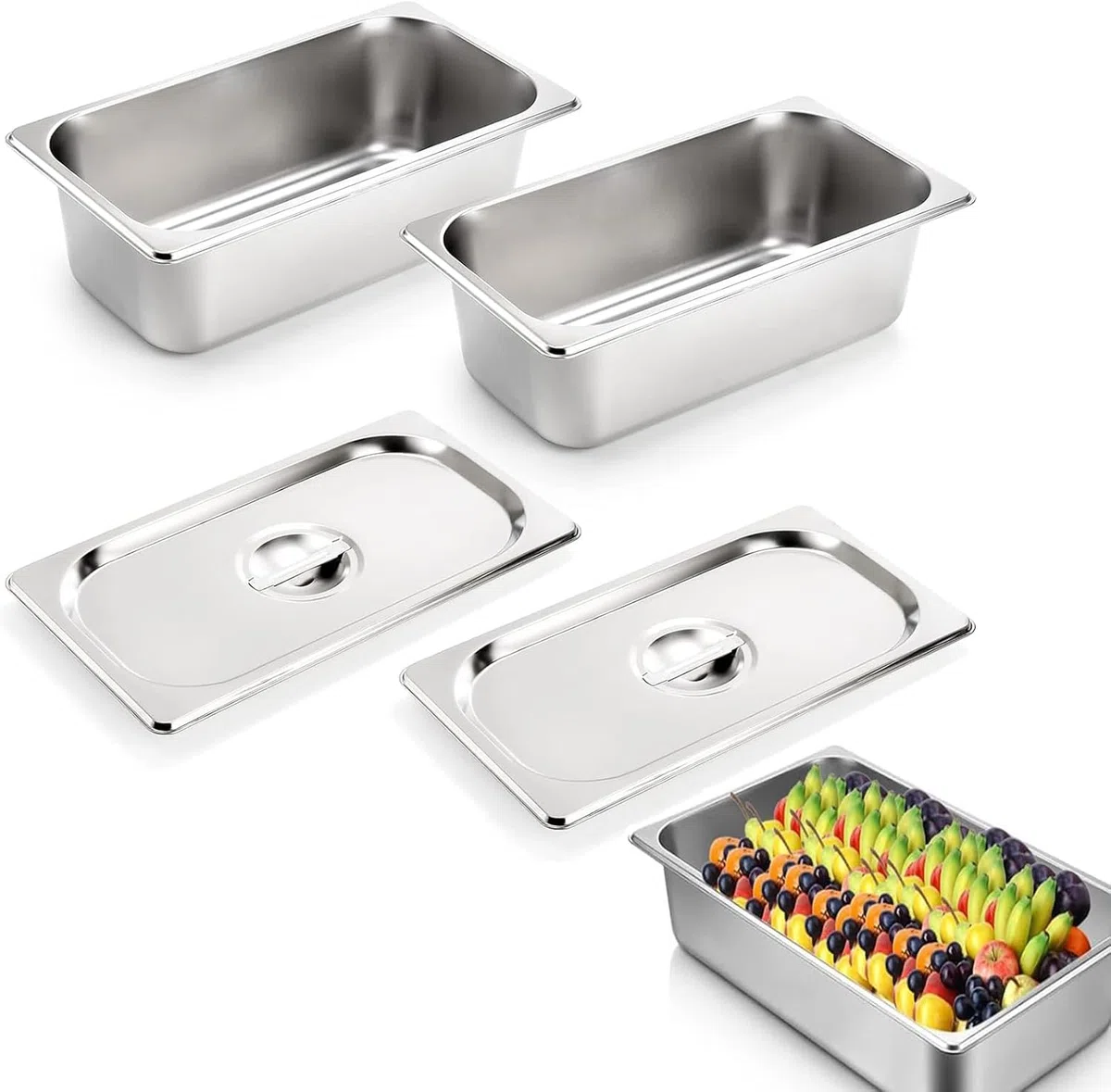 Lot de 2 récipients en acier inoxydable 1/3 avec couvercle, Bac inox Récipients de conservation au chaud, bac inox alimentaire en inoxydable, résistant à la chaleur, 32,5 x 17,5 x 6,5 cm