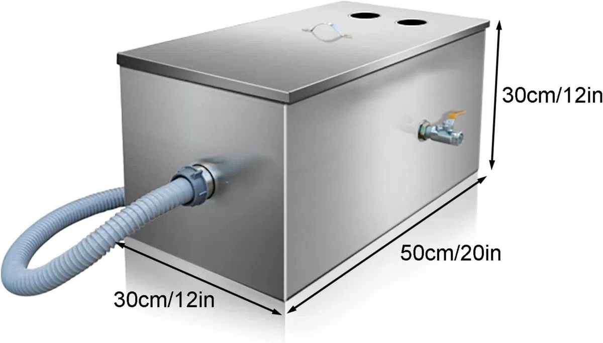 Intercepteur de graisse commercial – Siphon à graisse en acier inoxydable pour une séparation efficace huile-eau – Design sous évier avec entrée supérieure – Séparateur d'eau usée haute capacité