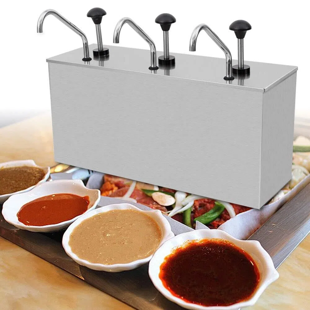 Distributeur à pompe à sauce en acier inoxydable, 3 x 4 L, distributeur de condiments en vrac pour ketchup, mayo et moutarde, casserole chaude et saucière, distributeur de cuisine facile à presser