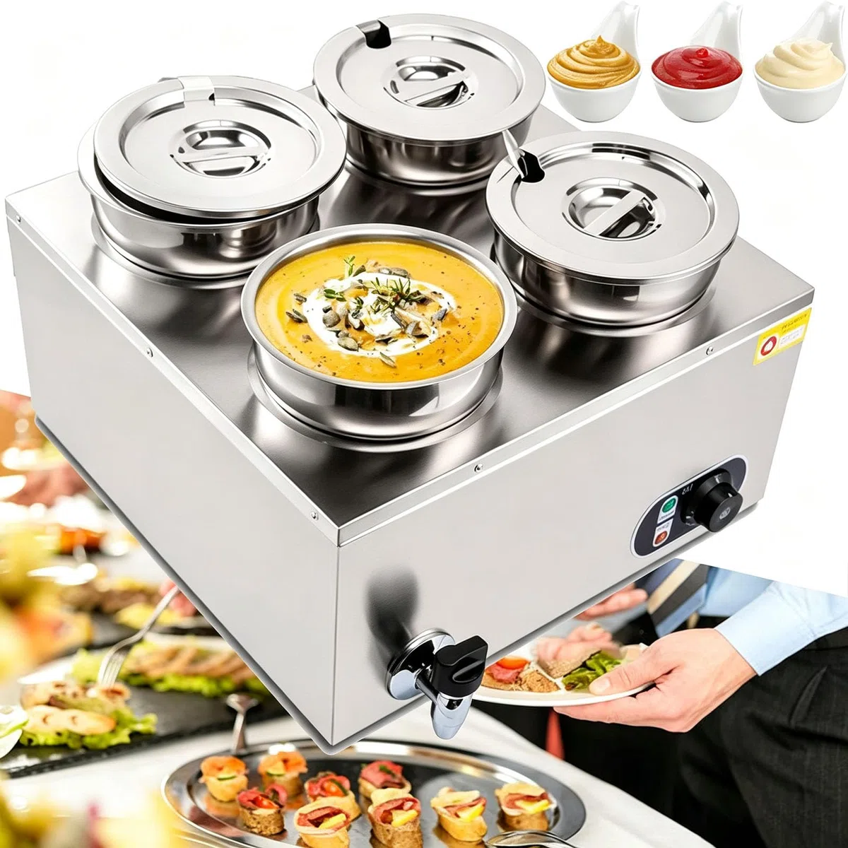 Chauffe-Aliments Bain-Marie Commercial,7L x 4 Chauffe-Soupe en Acier