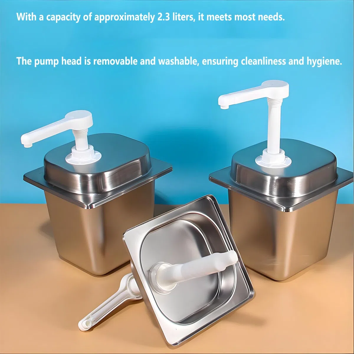 Lot de 2 flacons à pompe manuelle pour condiments, distributeur de sauce de 2,3 l avec volume de distribution de 30 ml, tête de pompe amovible, robuste pour ketchup et sauces