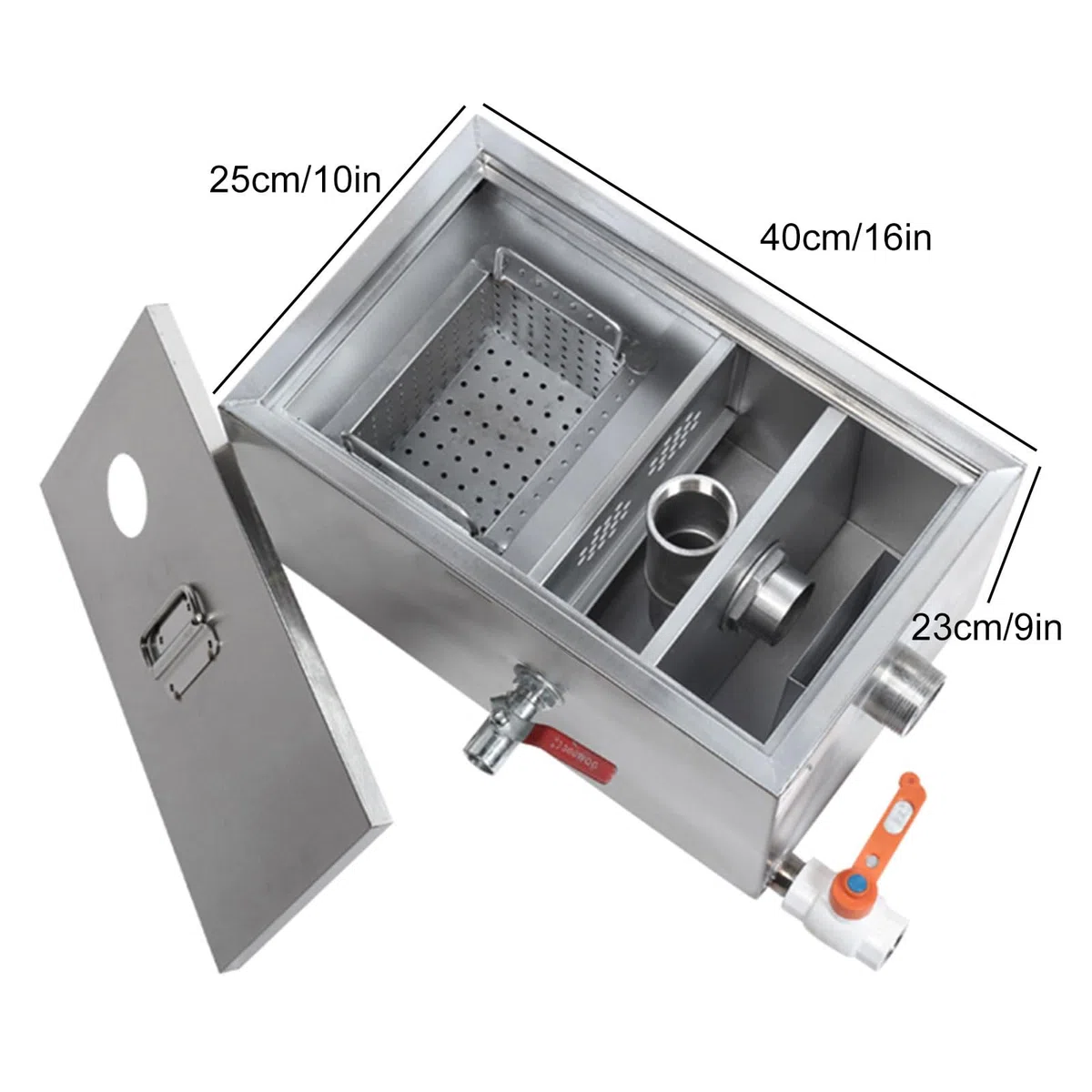 Piège à Graisse Commercial en Acier Inoxydable, séparateur de Graisse sous évierur Huile-Eau, Gestion des eaux usées, 40,6 x 30,5 x 22,9 cm, Solution Efficace pour l'élimination des Graisses