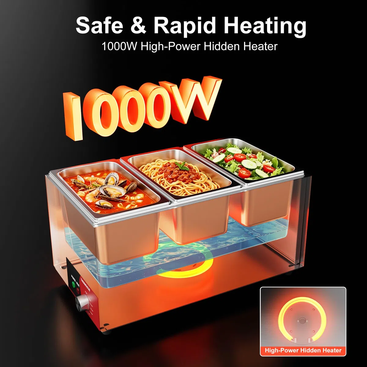 TAIMIKO Bain Marie Électrique Professionnel 3 Bacs Chauffe-Plat1000W