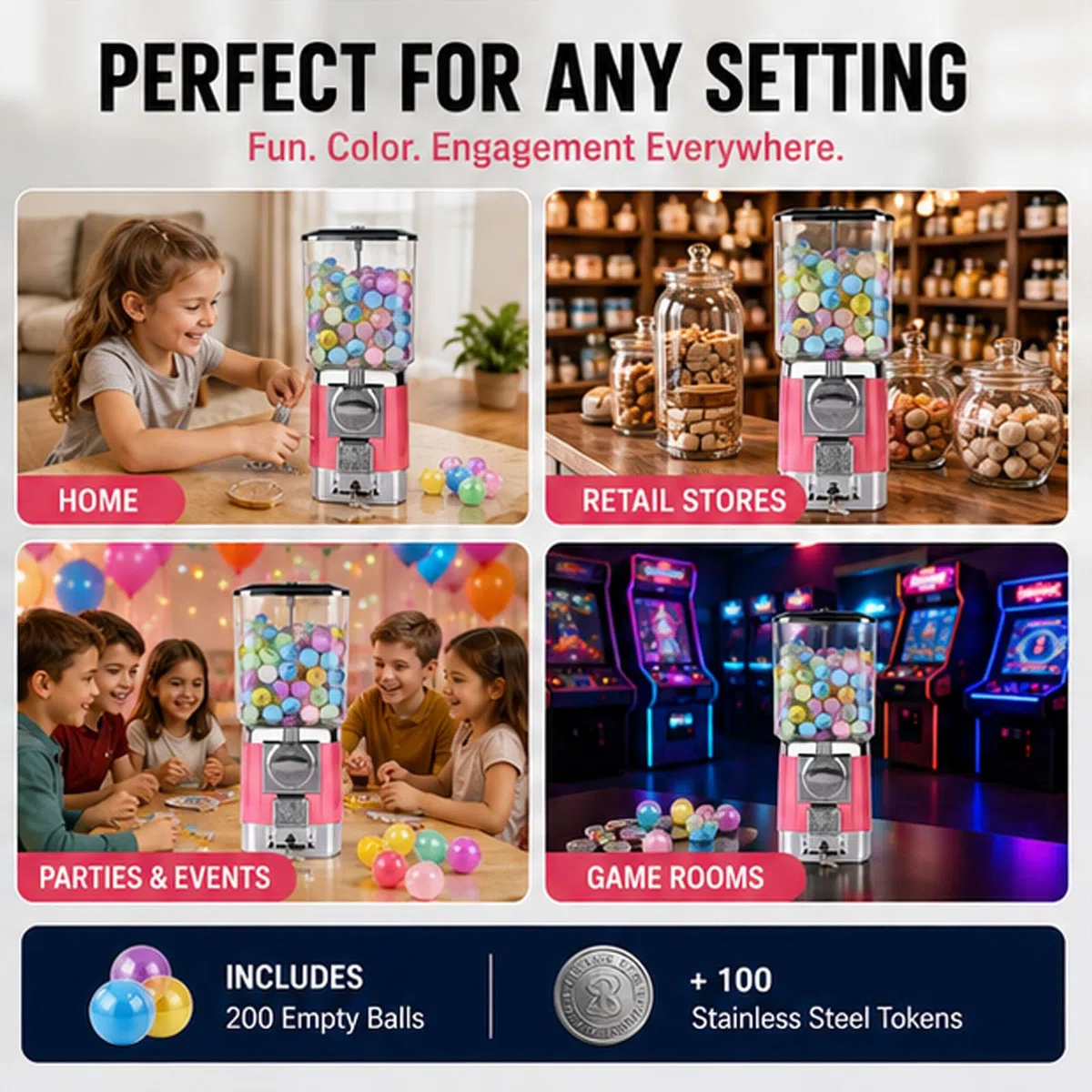 Distributeur automatique de bonbons 32 mm – Distributeur automatique de chewing-gum à monnaie avec clés, 200 boules et 100 jetons pour capsules jouets et balles rebondissantes (I)