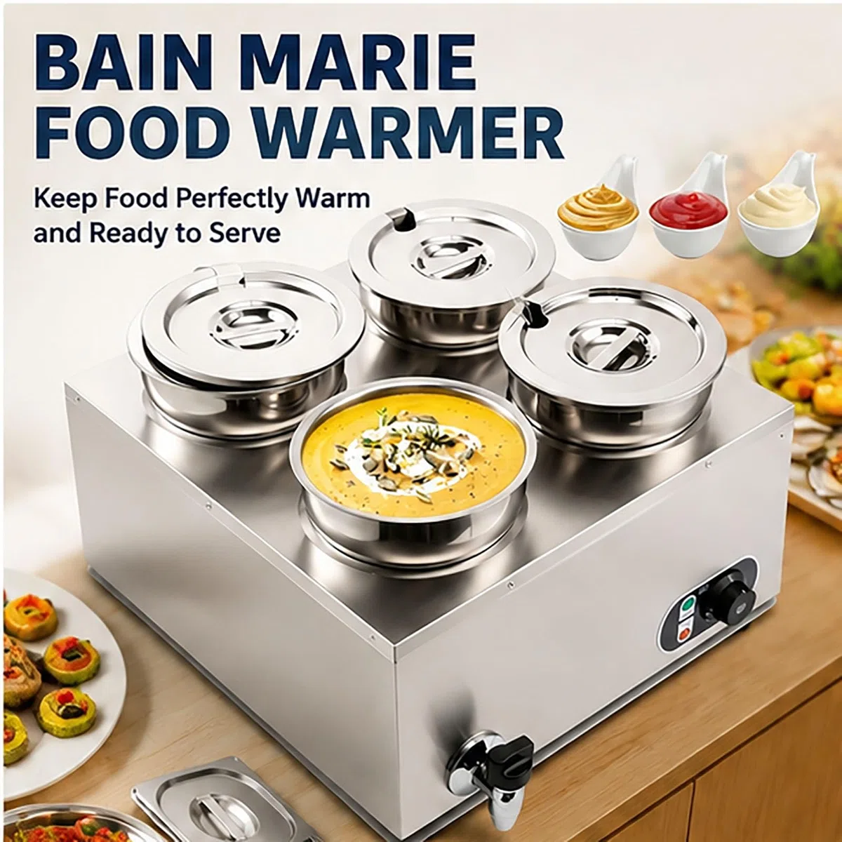 Chauffe-Aliments Bain-Marie Commercial,7L x 4 Chauffe-Soupe en Acier