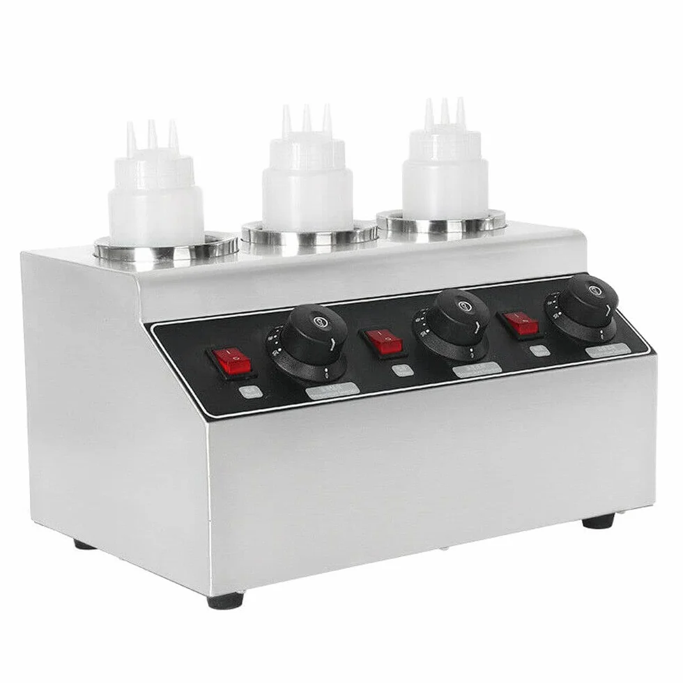 Pot à beurre/Chauffe-sauce, chauffe-chocolat, chauffe-sauce pour 3 bouteilles, température réglable de 30 à 85 °C, avec 3 flacons à presser.