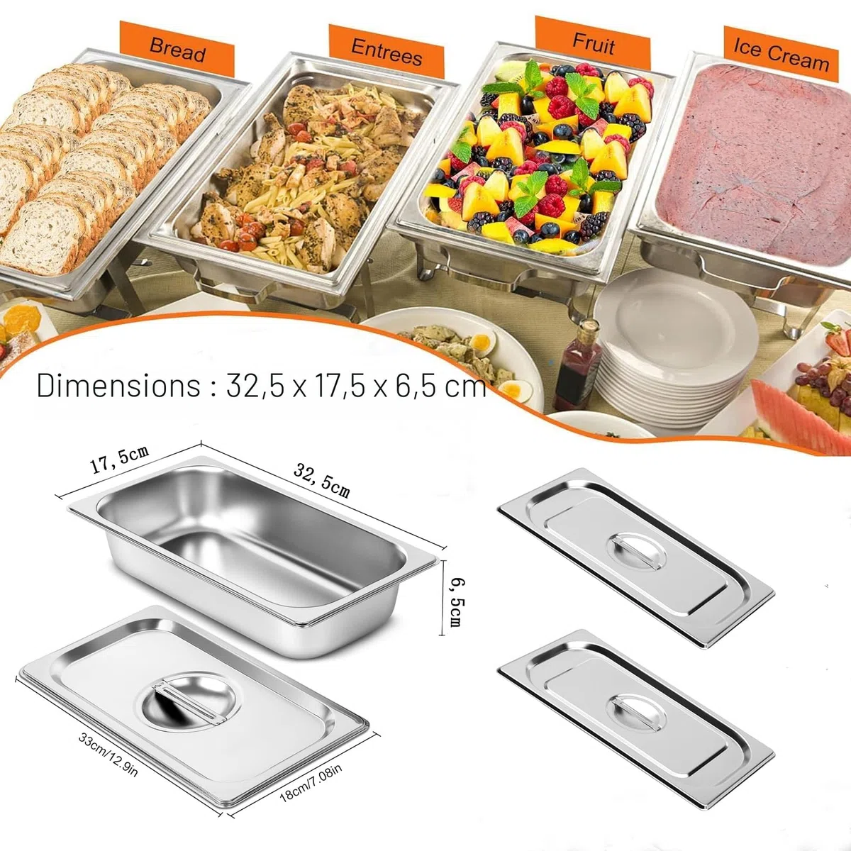 Lot de 2 récipients en acier inoxydable 1/3 avec couvercle, Bac inox Récipients de conservation au chaud, bac inox alimentaire en inoxydable, résistant à la chaleur, 32,5 x 17,5 x 6,5 cm