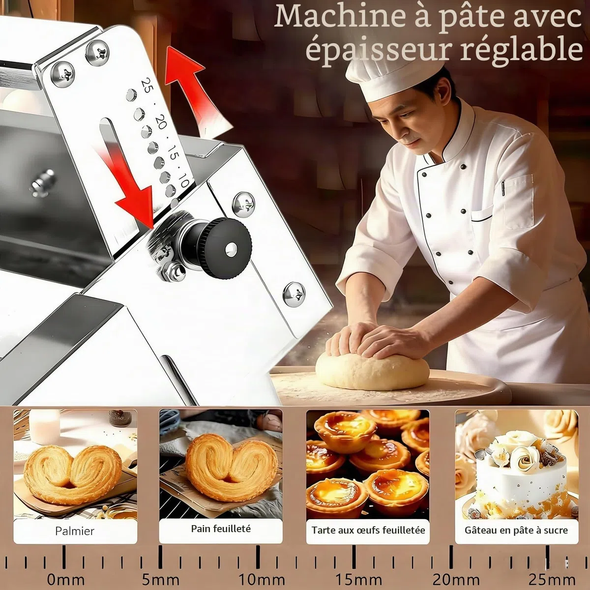 Laminoir Pâte Feuilletée, Laminoir Pâtisserie Manuel avec Épaisseur Réglable 0-25mm, Laminoir pour Pâtisserie, Idéal pour Boulangerie et Pâtisserie Artisanale (103x58x25)
