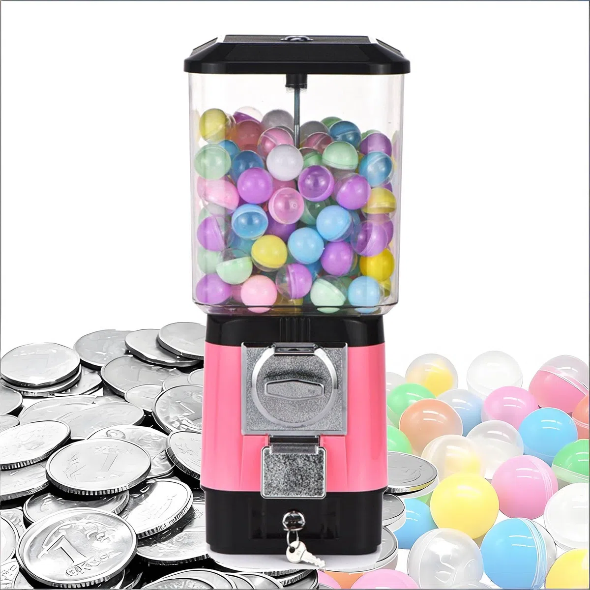 Distributeur automatique de bonbons 32 mm – Distributeur automatique de chewing-gum à monnaie avec clés, 200 boules et 100 jetons pour capsules jouets et balles rebondissantes (I)