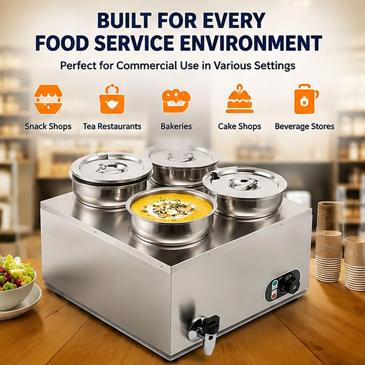 Chauffe-Aliments Bain-Marie Commercial,7L x 4 Chauffe-Soupe en Acier