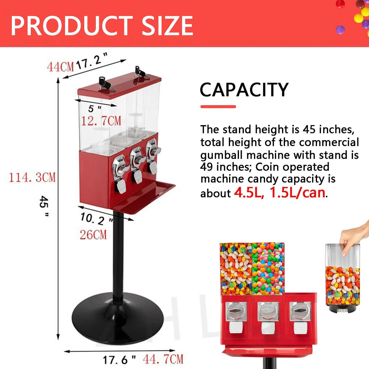 Distributeur automatique de bonbons – Triple distributeur de bonbons Gumball à monnaie pour entreprise et maison – Utilise les quartiers