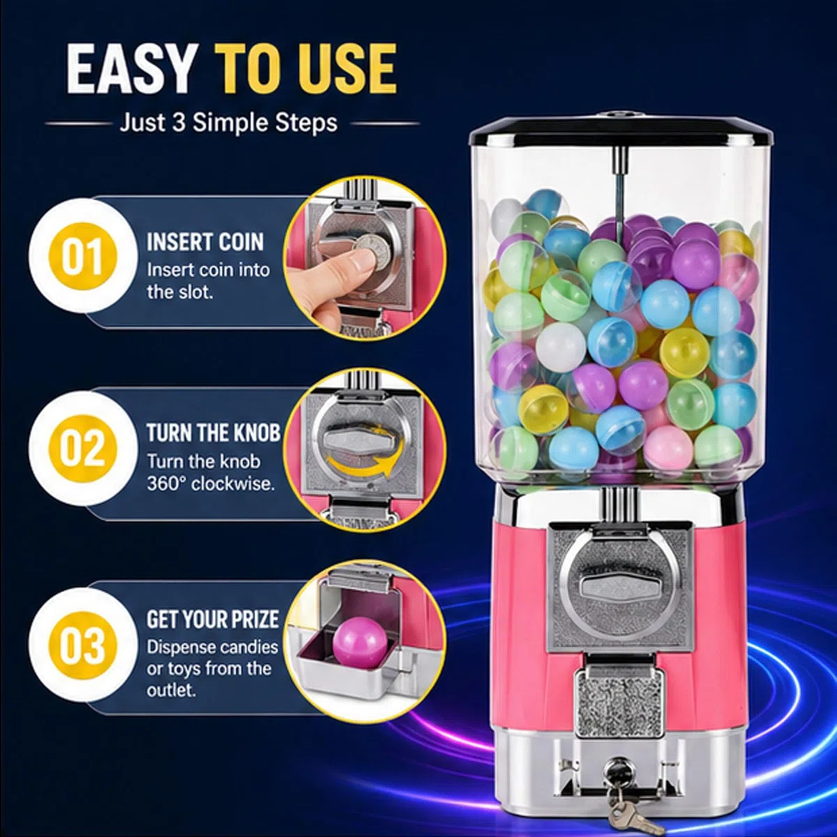 Distributeur automatique de bonbons 32 mm – Distributeur automatique de chewing-gum à monnaie avec clés, 200 boules et 100 jetons pour capsules jouets et balles rebondissantes (I)