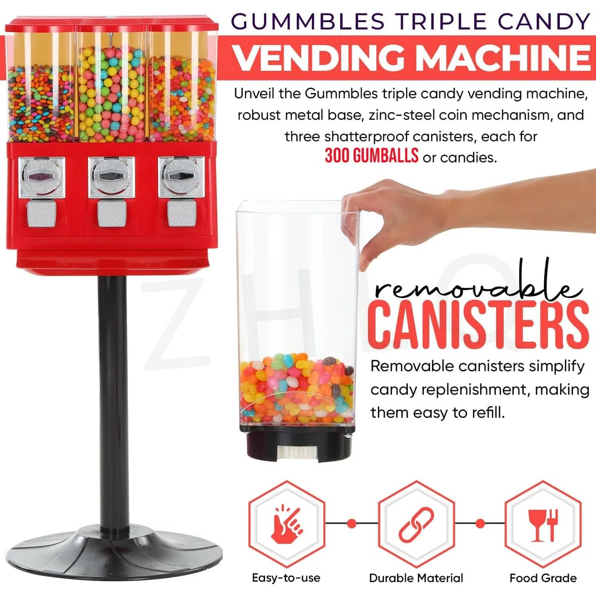 Distributeur automatique de bonbons – Triple distributeur de bonbons Gumball à monnaie pour entreprise et maison – Utilise les quartiers