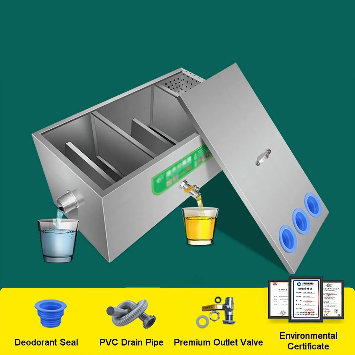 Bac de récupération des Graisses en Acier Inoxydable à Usage Commercial – Entréee d'eau – Installation sous évier pour la Maison, Les Restaurants et Les usines – Dimensions : 40 x 25 x 23 cm